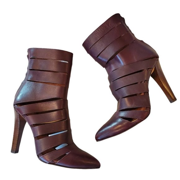 Rebecca Minkoff Sz 6 Debra Cutout Leather Bootie Caged Heels Brown Leather 3.75" - Picture 1 of 12